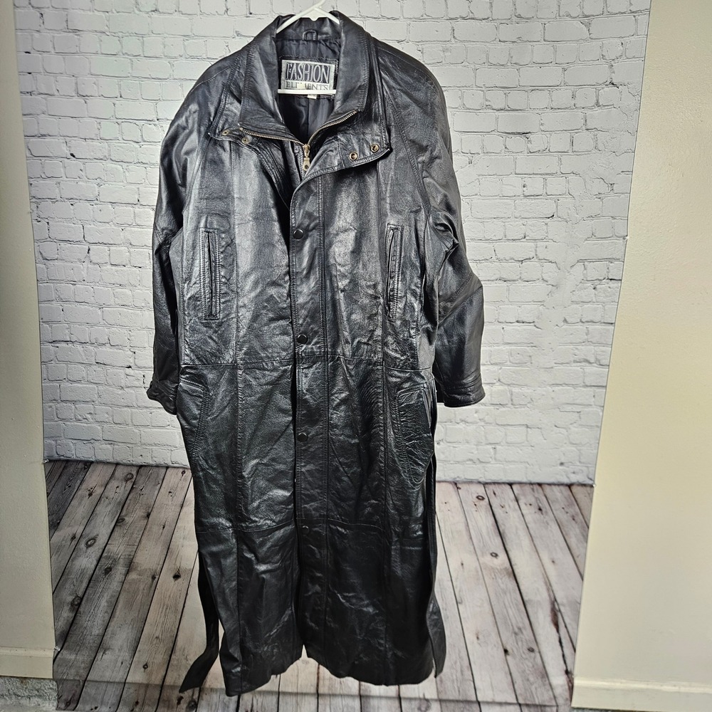 Fashion Elements Mens XL Vintage Black Leather Trench Coat Long Belted Jacket